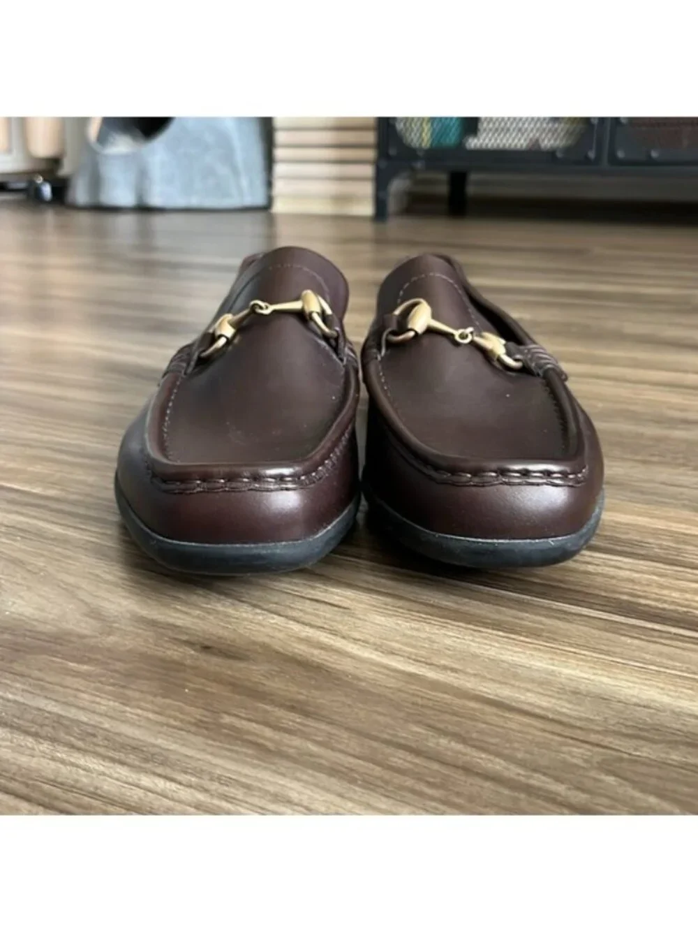 GUCCI Brown Leather Horsebit Driving Loafers Men's Back Heel Logo Rubber Sole
